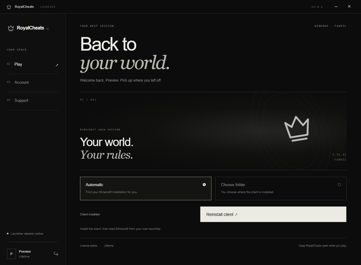 RoyalCheats launcher showing installation choices and account overview. Sample account.